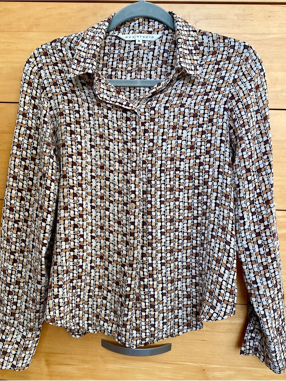 Max Studio 100% Silk Brown Geometric Button-Front Top